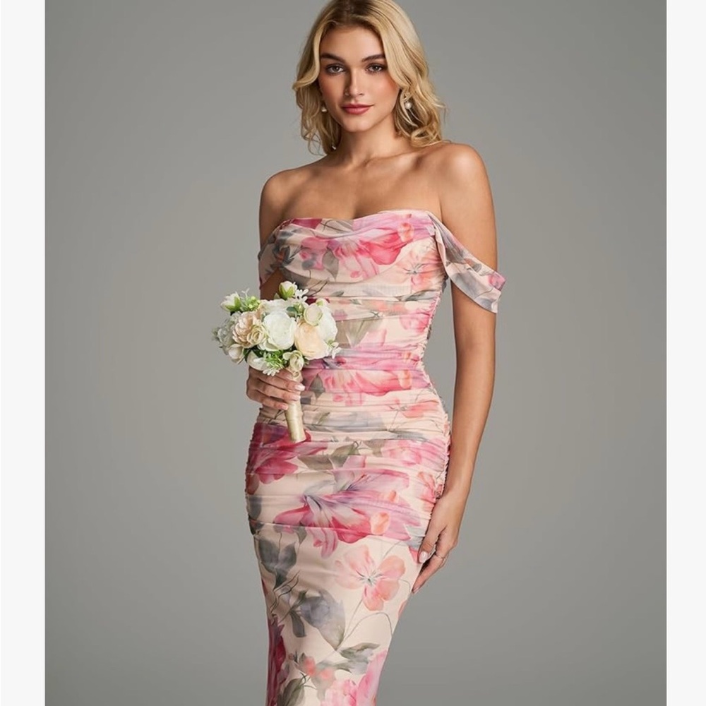 Off The Shoulder Pink Floral Ruched Sheath Dress